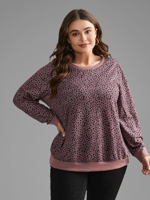 Leopard Print Crew Neck Stretchy Sweatshirt
