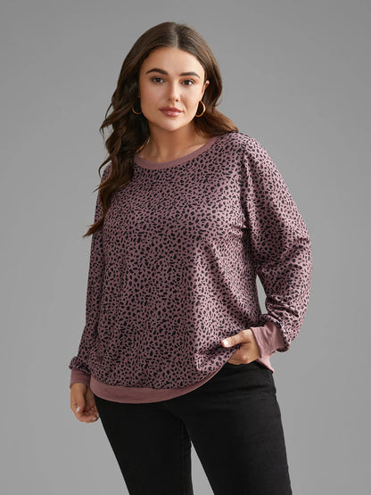 Leopard Print Crew Neck Stretchy Sweatshirt
